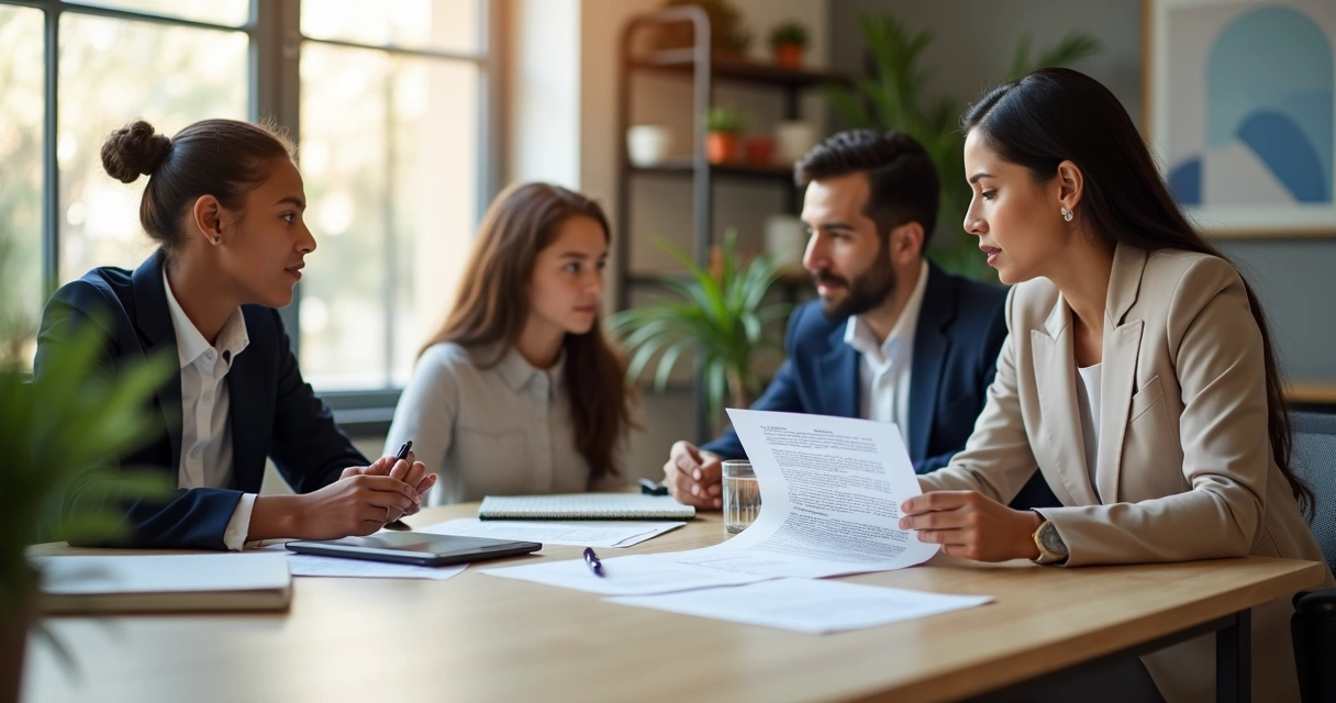 Família em reunião com advogada analisando contrato de multipropriedade
