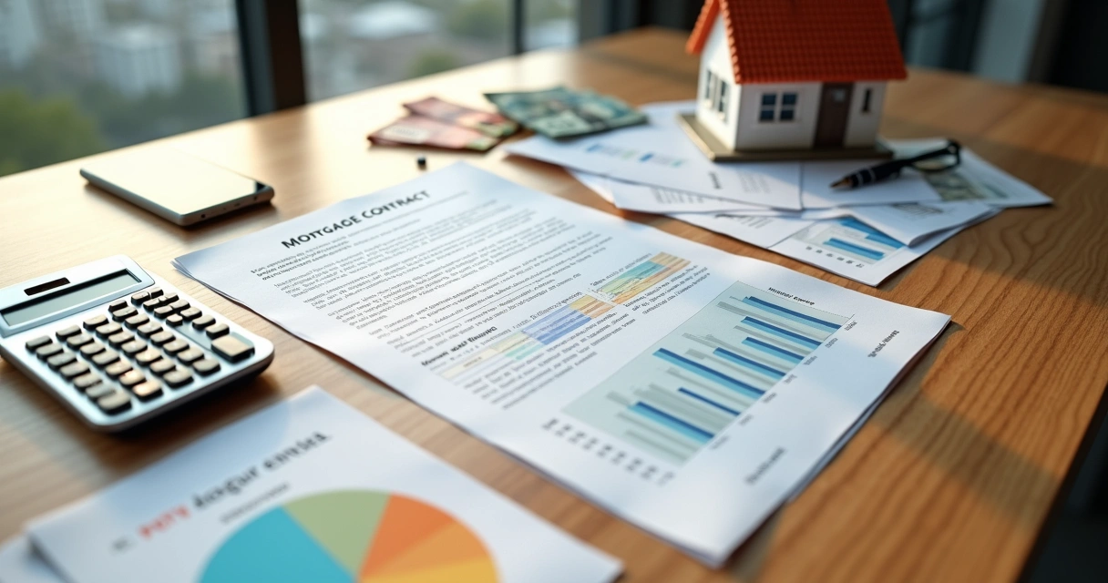 Mesa com documentos de financiamento imobiliário, calculadora e miniatura de casa