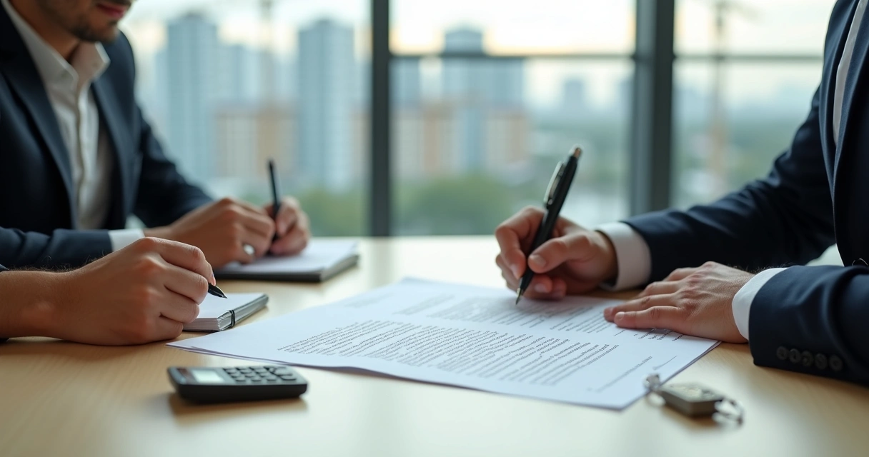 Corretor e cliente negociando cláusula de multa em contrato imobiliário sobre a mesa
