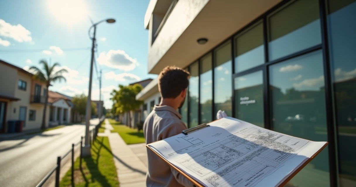 Pessoa em frente a cartório segurando planta de terreno urbano