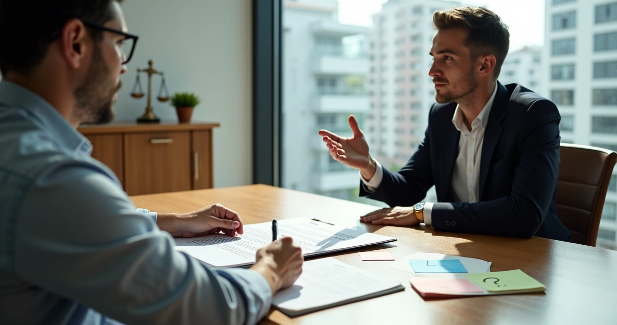 Cliente em reunião com advogado analisando rescisão de contrato de imóvel