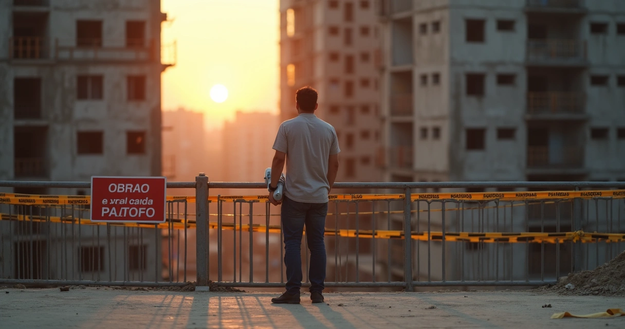 Pessoa observa apartamento inacabado ao entardecer com fita de advertência destacada