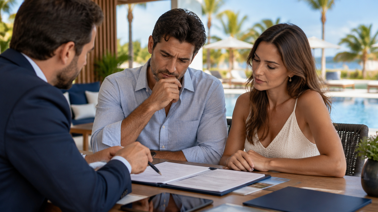 Casal analisa um contrato de cota de multipropriedade durante uma apresentação comercial em resort