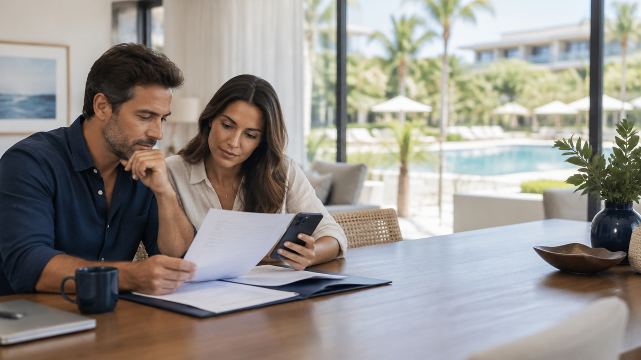Consumidores analisam contrato de multipropriedade com resort ao fundo