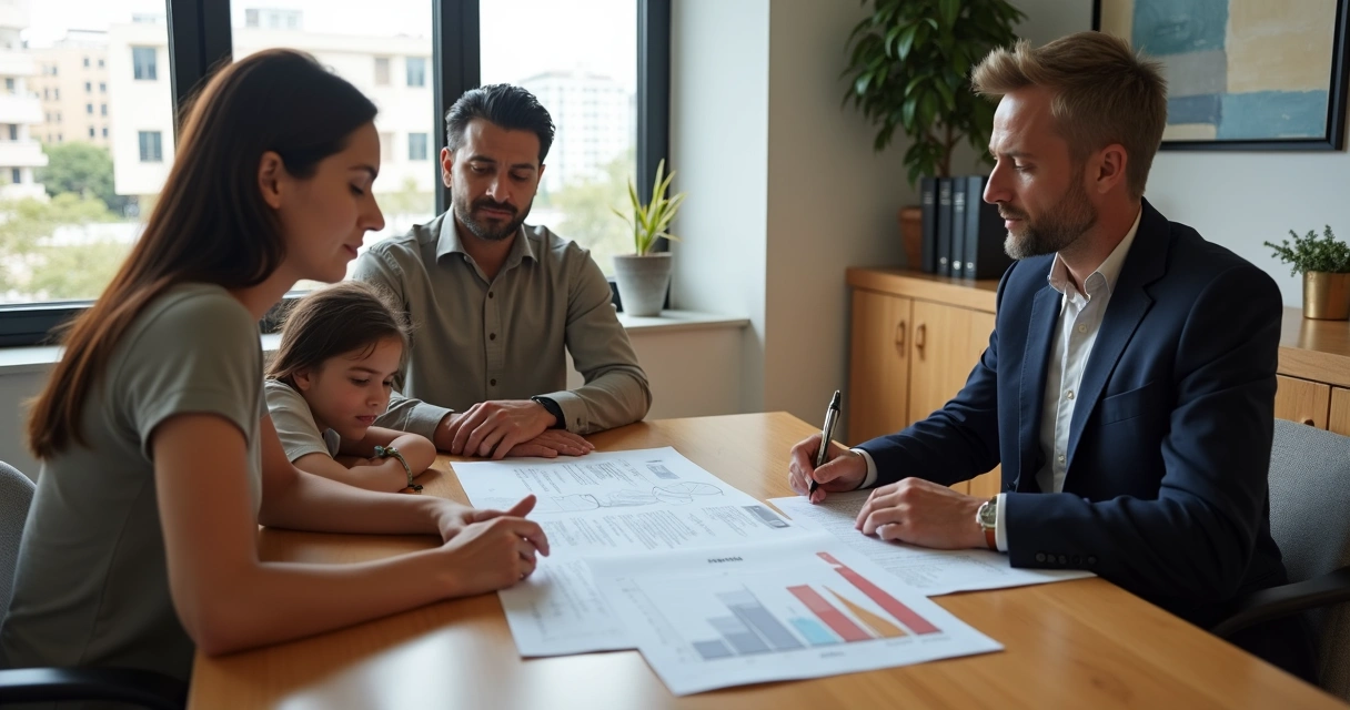 Família conversa com advogado analisando contrato de imóvel financiado sobre mesa
