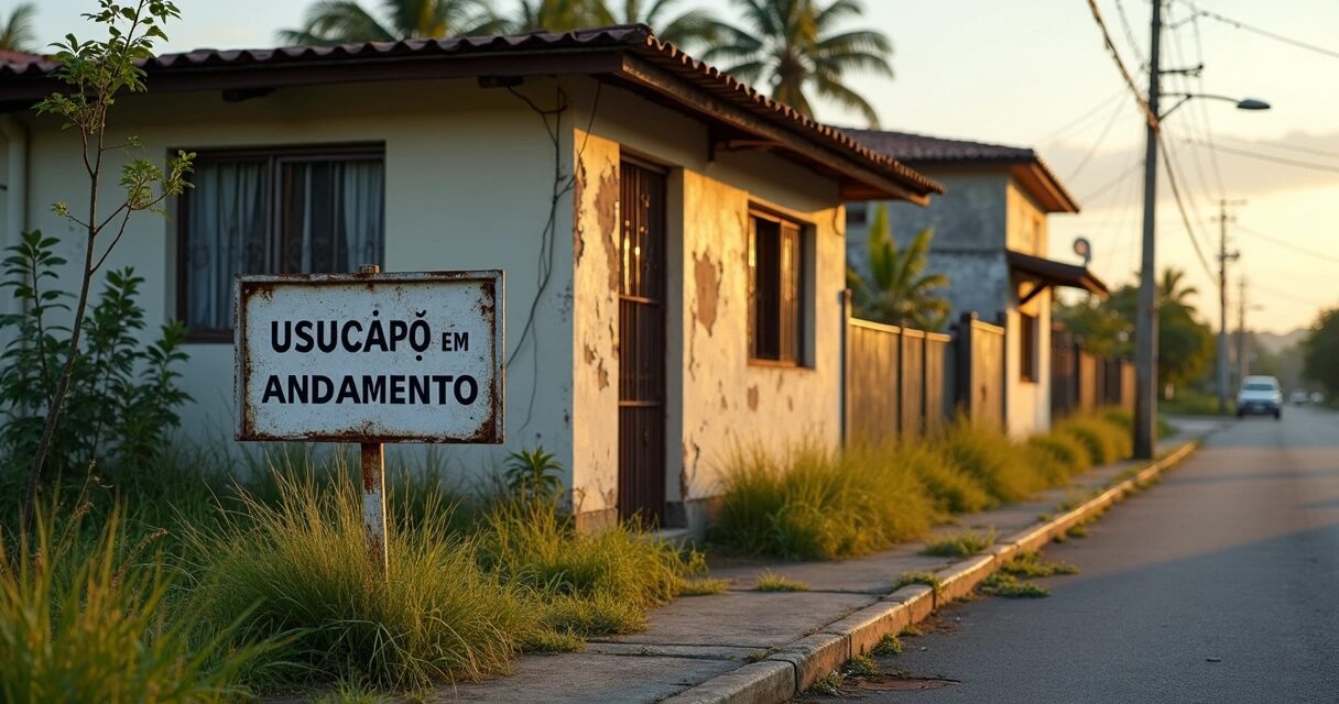 Casa urbana abandonada com fachada desgastada e vegetação crescendo ao redor